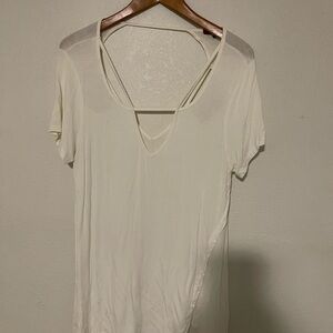 Cream Short Sleeve V-Neck Tee with Strappy Back Detail